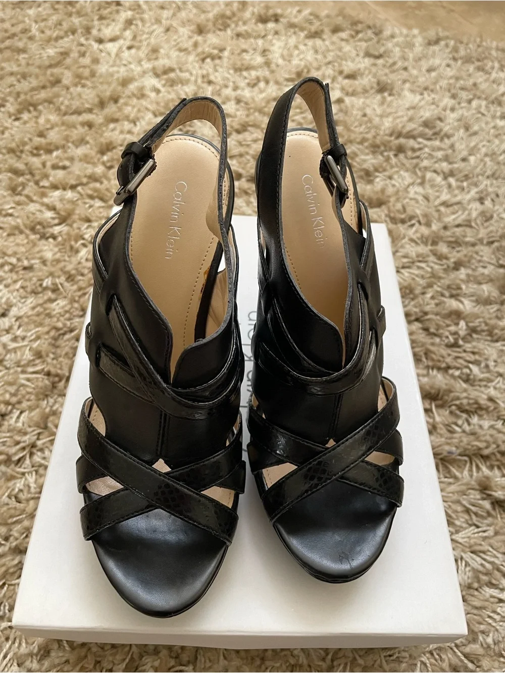 Calvin Klein Black Leather Slingback Strappy Heels